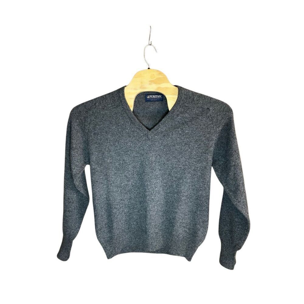 Puritan 100% 2 Ply Scottish Lambswool Made in USA Grey V Neck Sweater Large (L)